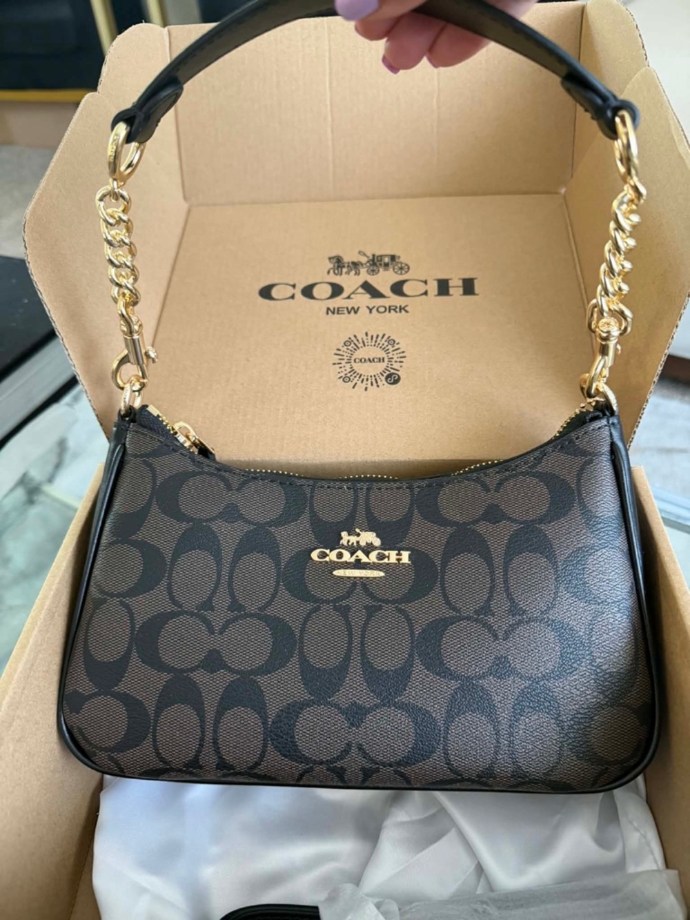 Coach Brown Signature Mini Wristlet with Gold Hardware